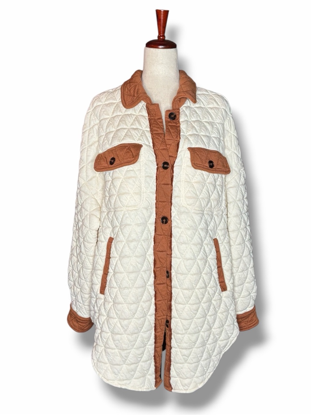 WkndChasers Cream & Rust Accent Quilted Puffer Shacket Size Large